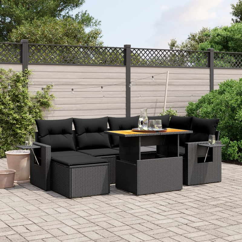 7-delige Loungeset met kussens poly rattan zwart
