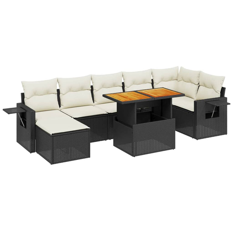 8-delige Loungeset met kussens poly rattan zwart