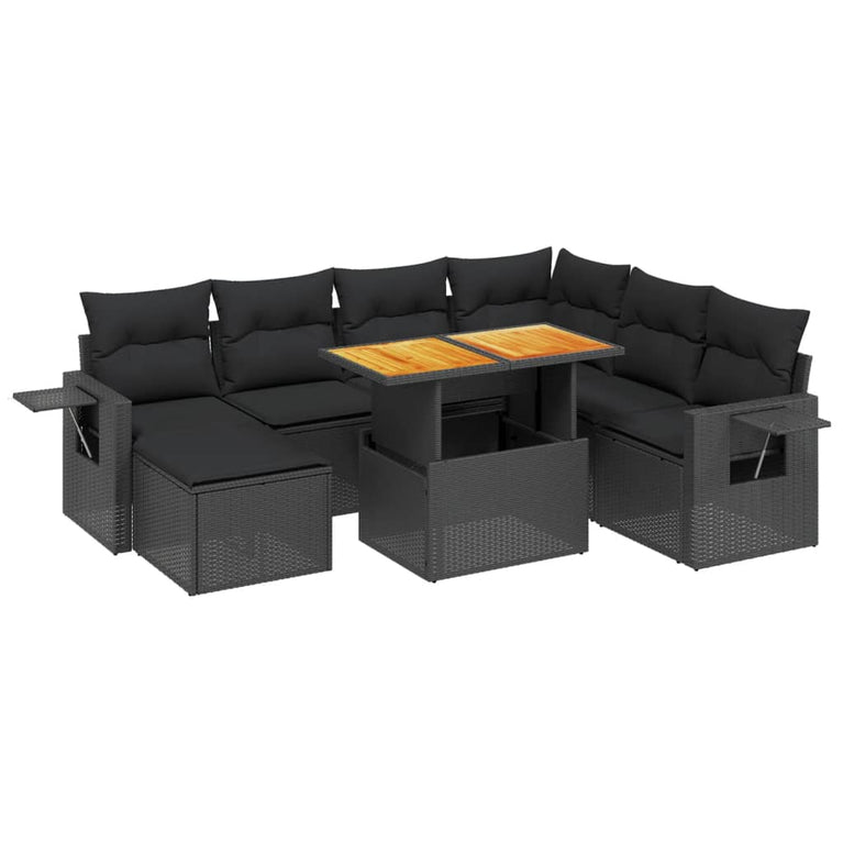 8-delige Loungeset met kussens poly rattan zwart