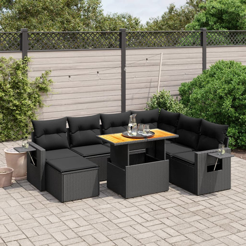 8-delige Loungeset met kussens poly rattan zwart
