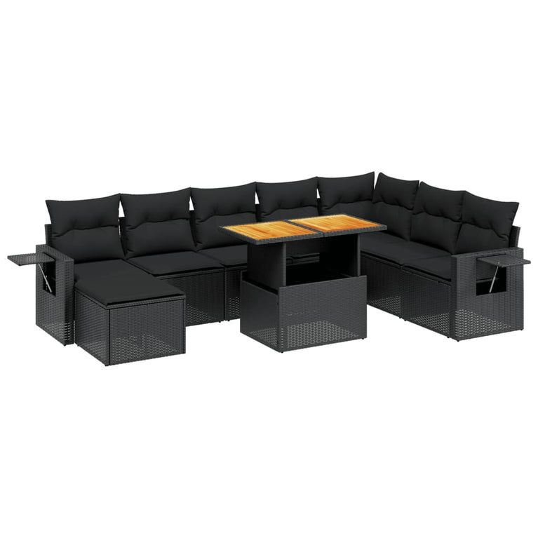 9-delige Loungeset met kussens poly rattan zwart