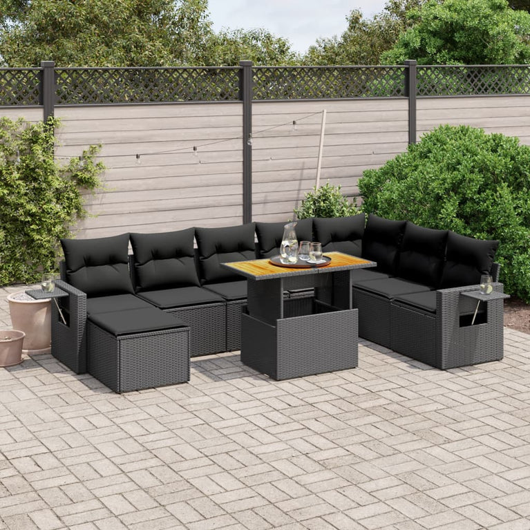 9-delige Loungeset met kussens poly rattan zwart