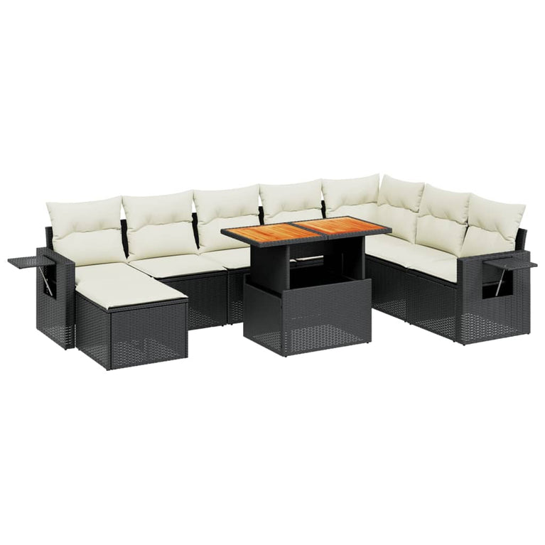 9-delige Loungeset met kussens poly rattan zwart