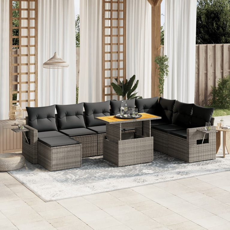 9-delige Loungeset met kussens poly rattan grijs