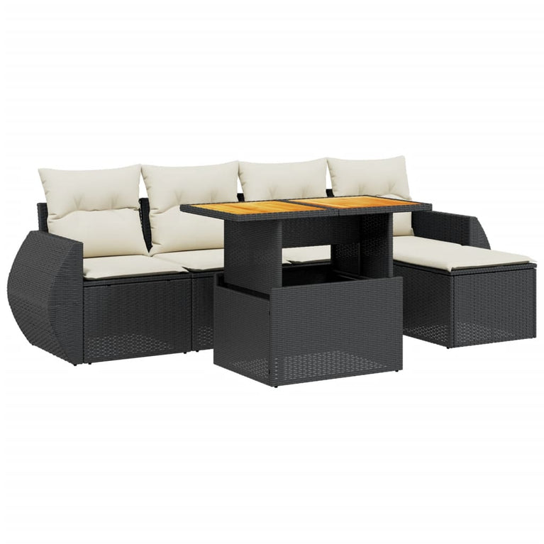 6-delige Loungeset met kussens poly rattan zwart