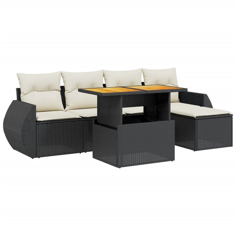 6-delige Loungeset met kussens poly rattan zwart