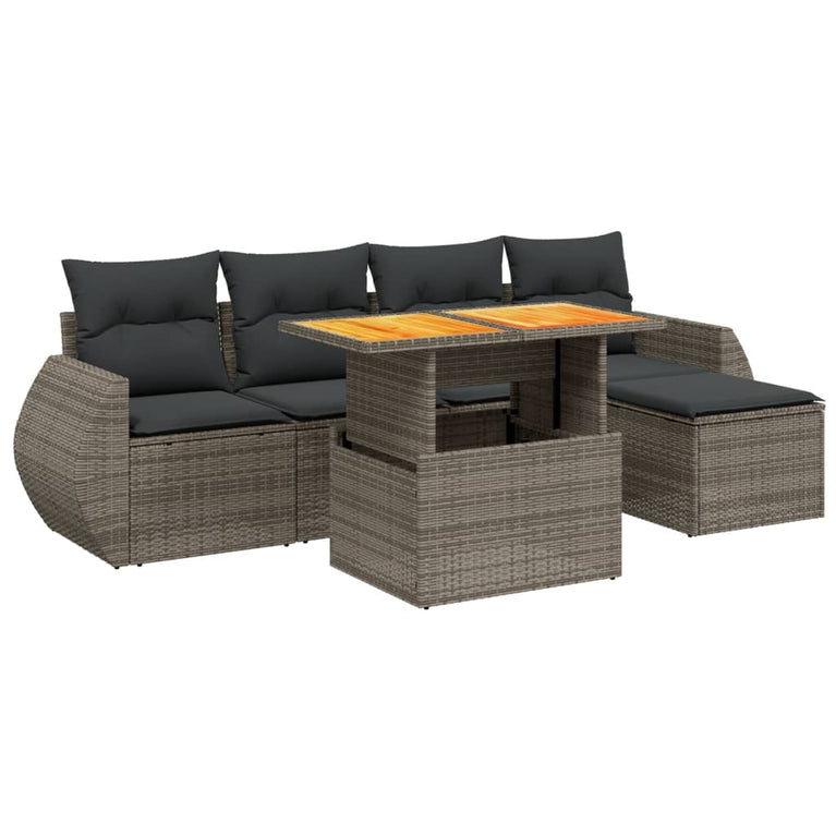 6-delige Loungeset met kussens poly rattan grijs