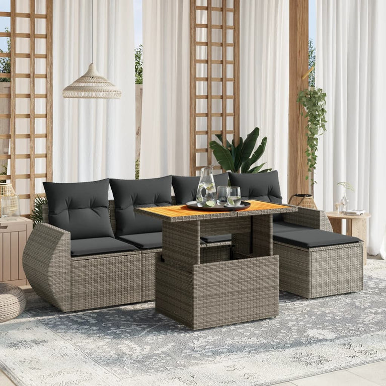 6-delige Loungeset met kussens poly rattan grijs
