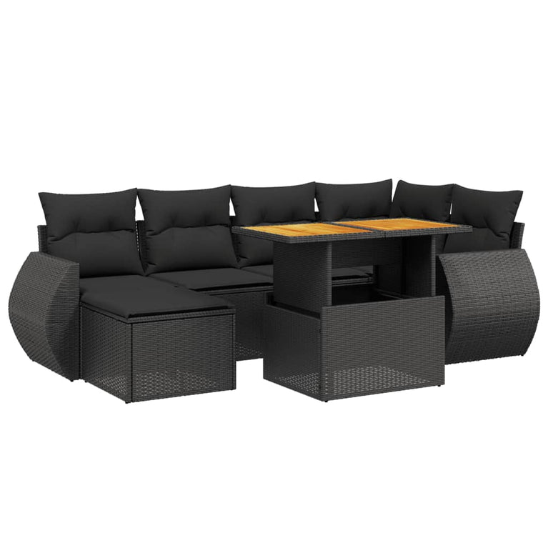 7-delige Loungeset met kussens poly rattan zwart