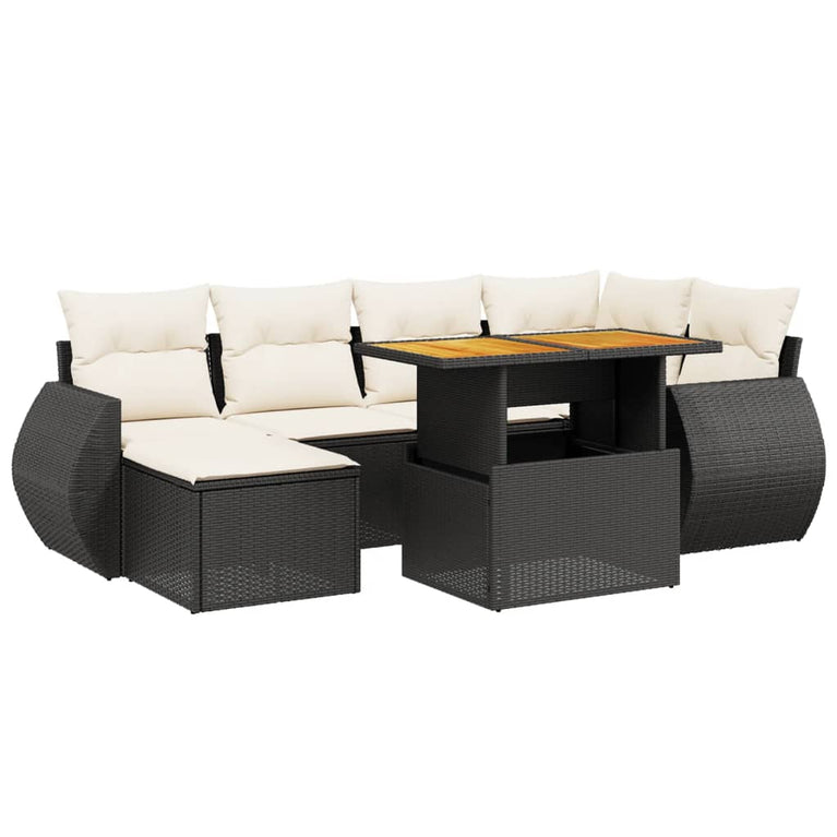 7-delige Loungeset met kussens poly rattan zwart