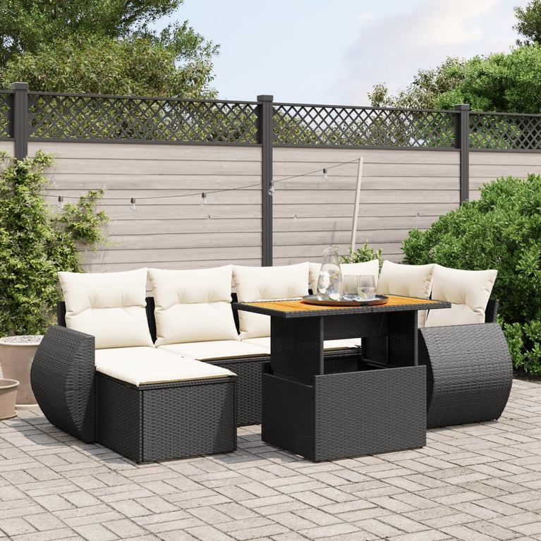 7-delige Loungeset met kussens poly rattan zwart