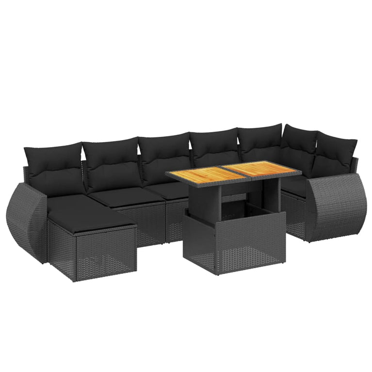 8-delige Loungeset met kussens poly rattan zwart