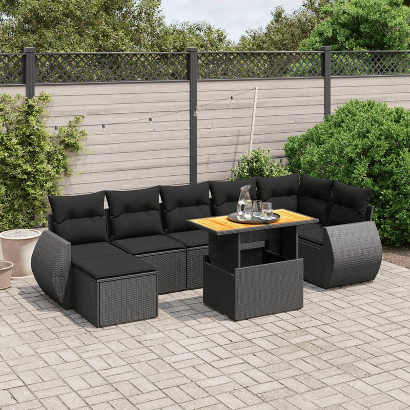8-delige Loungeset met kussens poly rattan zwart