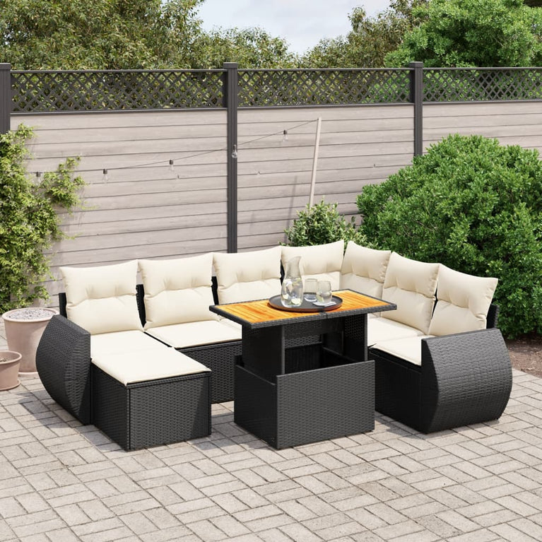 8-delige Loungeset met kussens poly rattan zwart