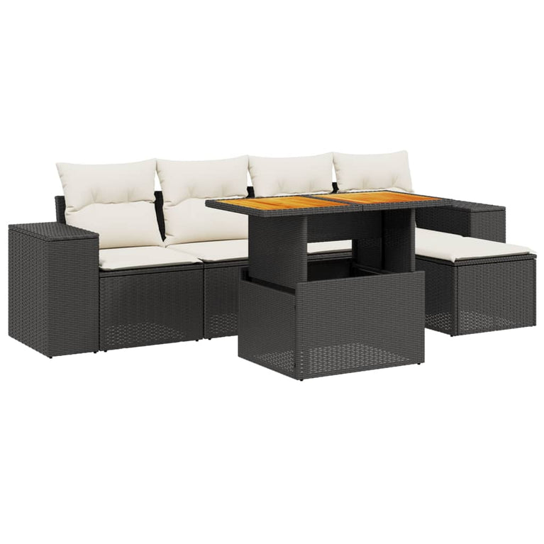6-delige Loungeset met kussens poly rattan zwart