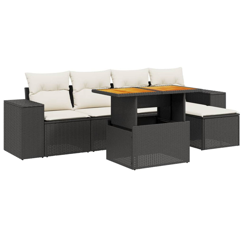 6-delige Loungeset met kussens poly rattan zwart