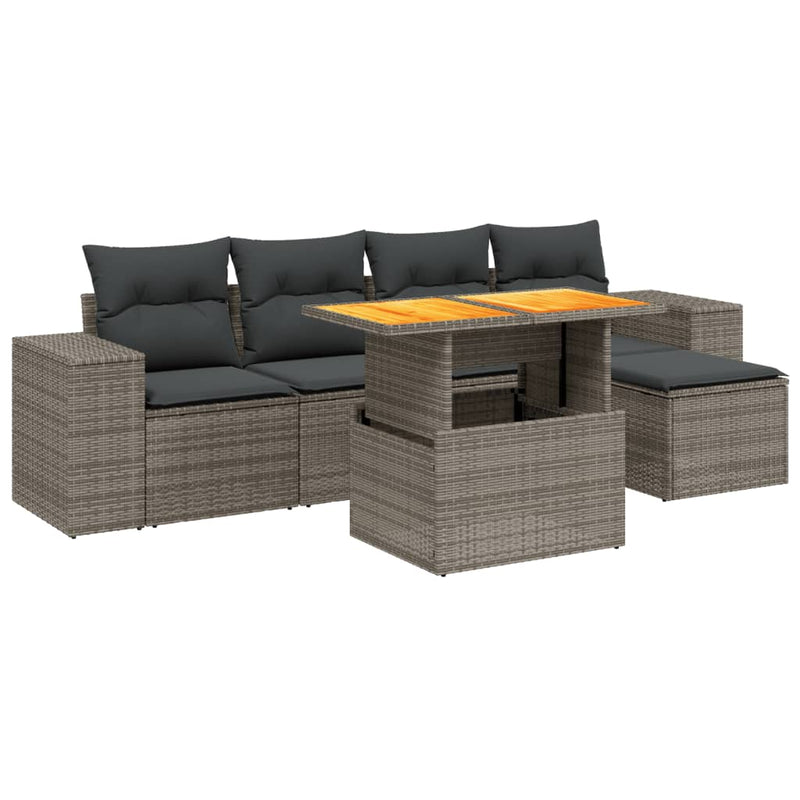 6-delige Loungeset met kussens poly rattan grijs