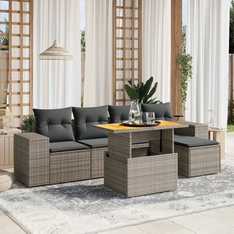 6-delige Loungeset met kussens poly rattan grijs