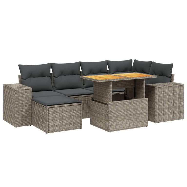 7-delige Loungeset met kussens poly rattan grijs