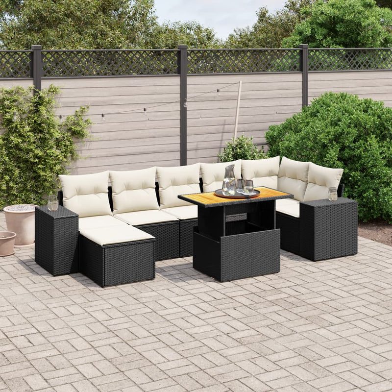8-delige Loungeset met kussens poly rattan zwart