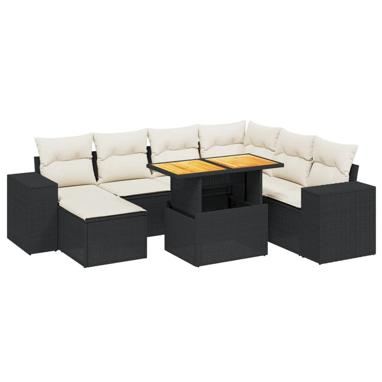 8-delige Loungeset met kussens poly rattan zwart