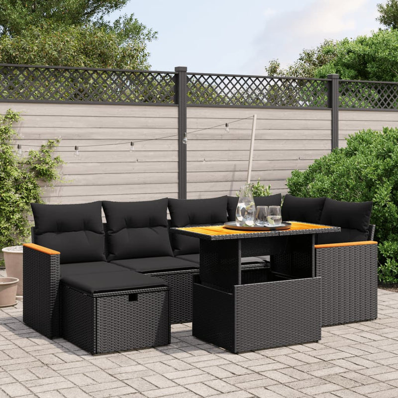 7-delige Loungeset met kussens poly rattan zwart