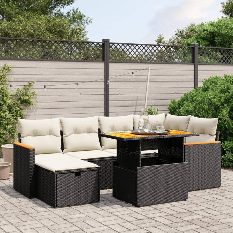 7-delige Loungeset met kussens poly rattan zwart