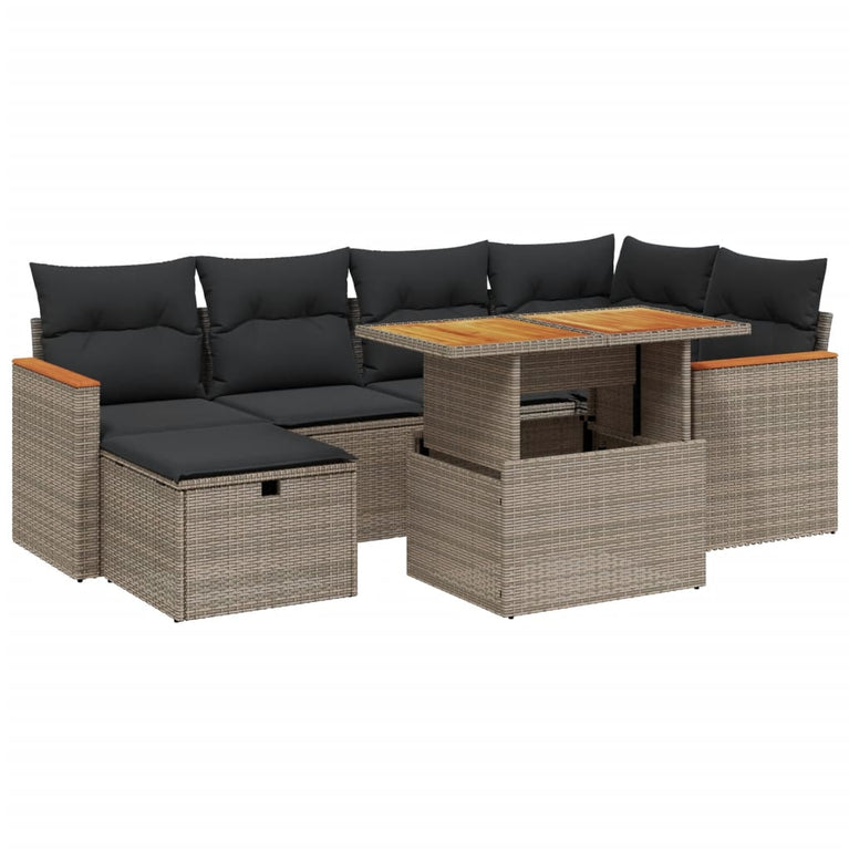 7-delige Loungeset met kussens poly rattan grijs