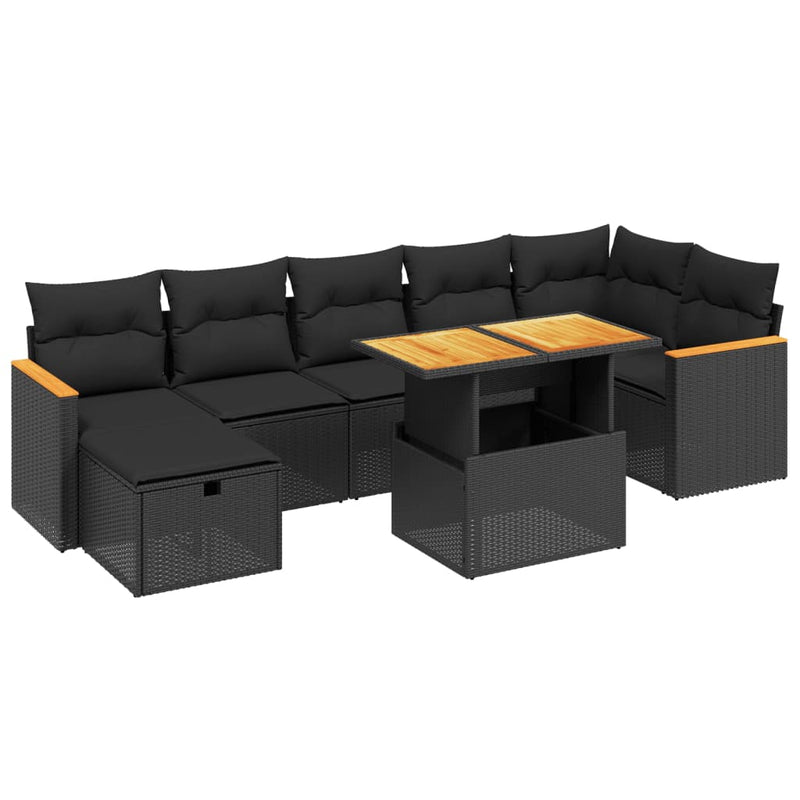 8-delige Loungeset met kussens poly rattan zwart