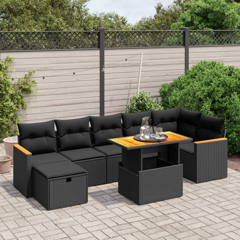 8-delige Loungeset met kussens poly rattan zwart