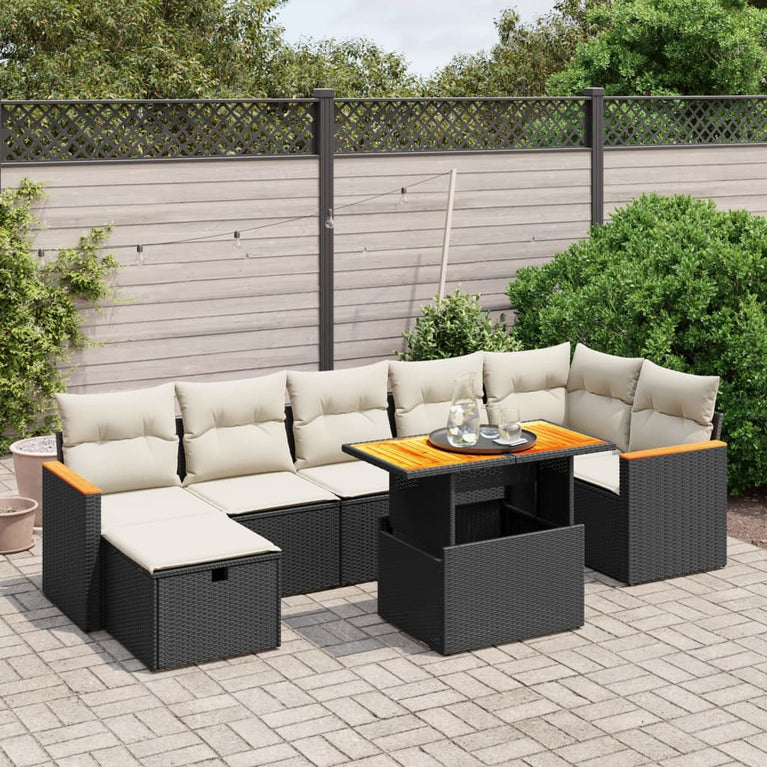 8-delige Loungeset met kussens poly rattan zwart