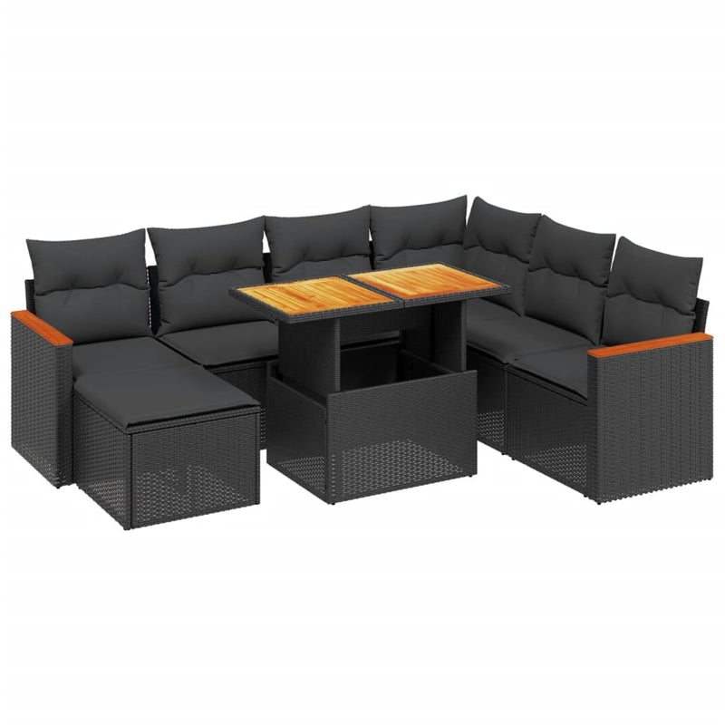 8-delige Loungeset met kussens poly rattan zwart