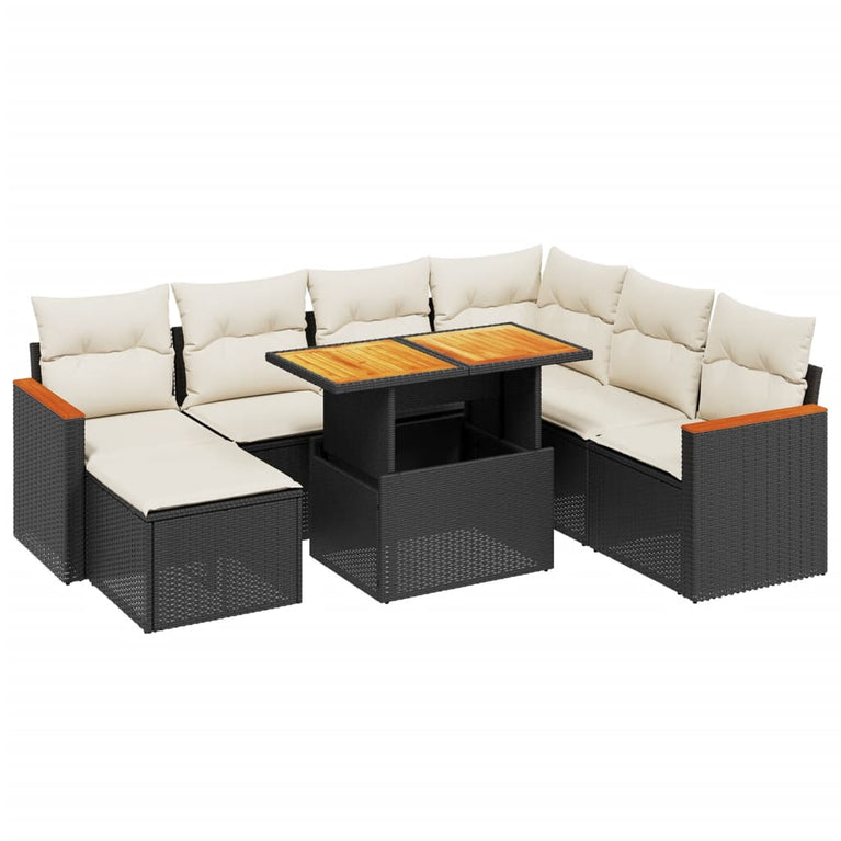 8-delige Loungeset met kussens poly rattan zwart
