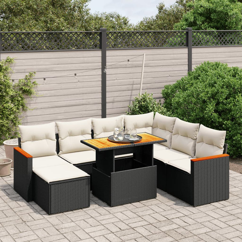 8-delige Loungeset met kussens poly rattan zwart
