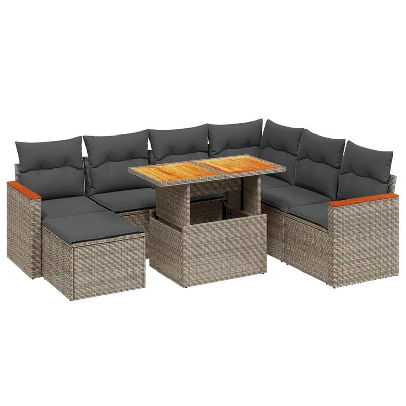 8-delige Loungeset met kussens poly rattan grijs