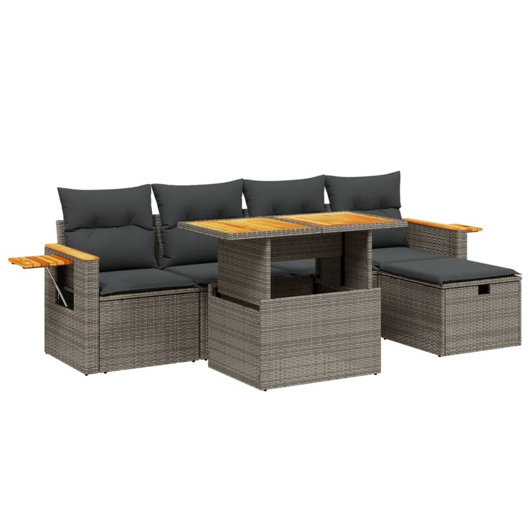 6-delige Loungeset met kussens poly rattan grijs