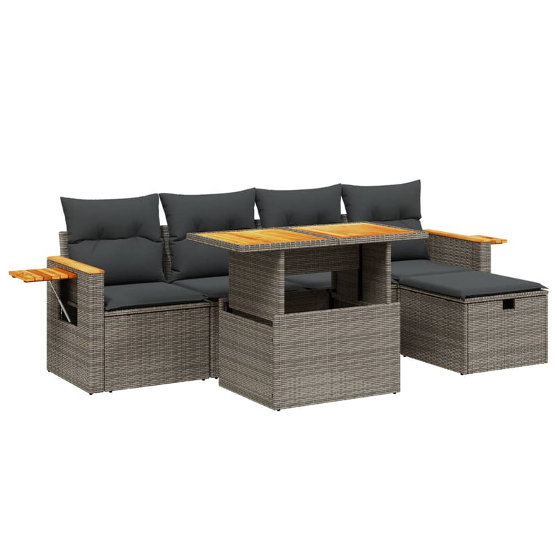 6-delige Loungeset met kussens poly rattan grijs