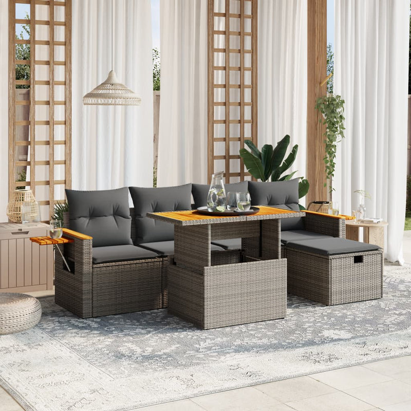 6-delige Loungeset met kussens poly rattan grijs