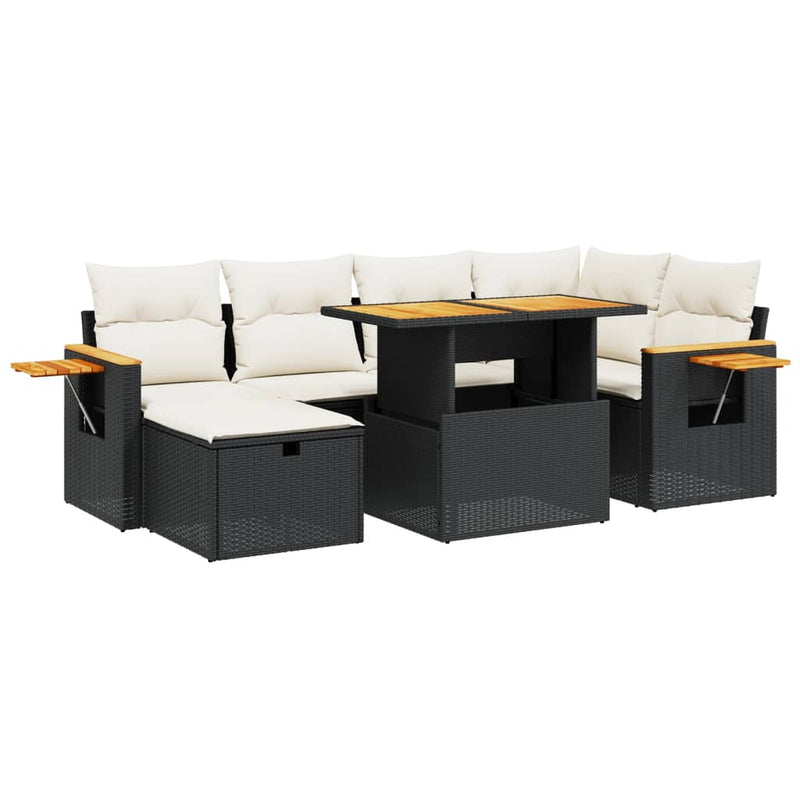 7-delige Loungeset met kussens poly rattan zwart