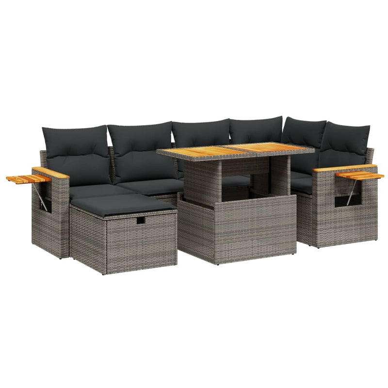 7-delige Loungeset met kussens poly rattan grijs