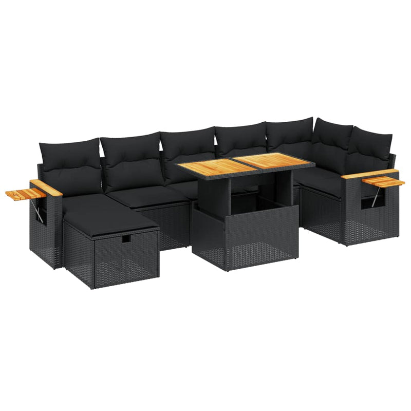 8-delige Loungeset met kussens poly rattan zwart