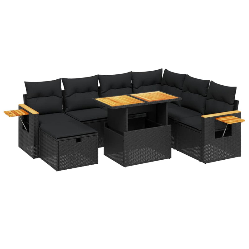 8-delige Loungeset met kussens poly rattan zwart