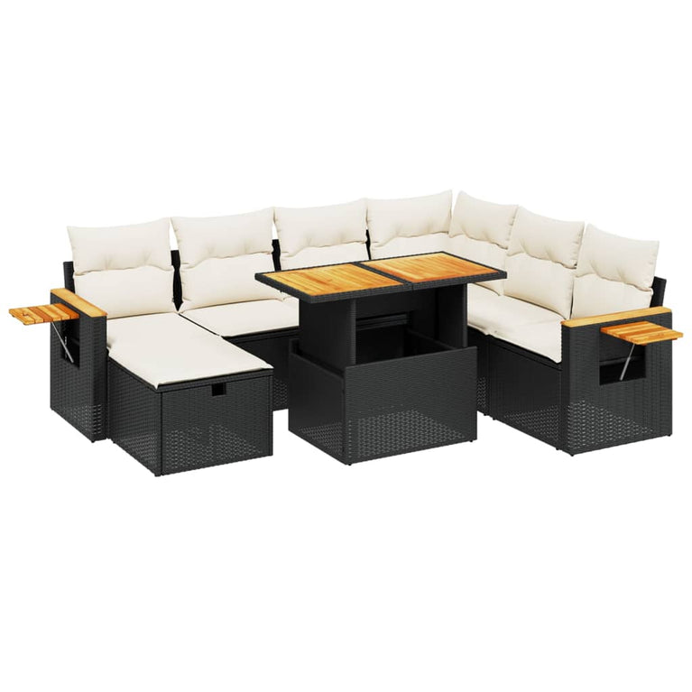 8-delige Loungeset met kussens poly rattan zwart