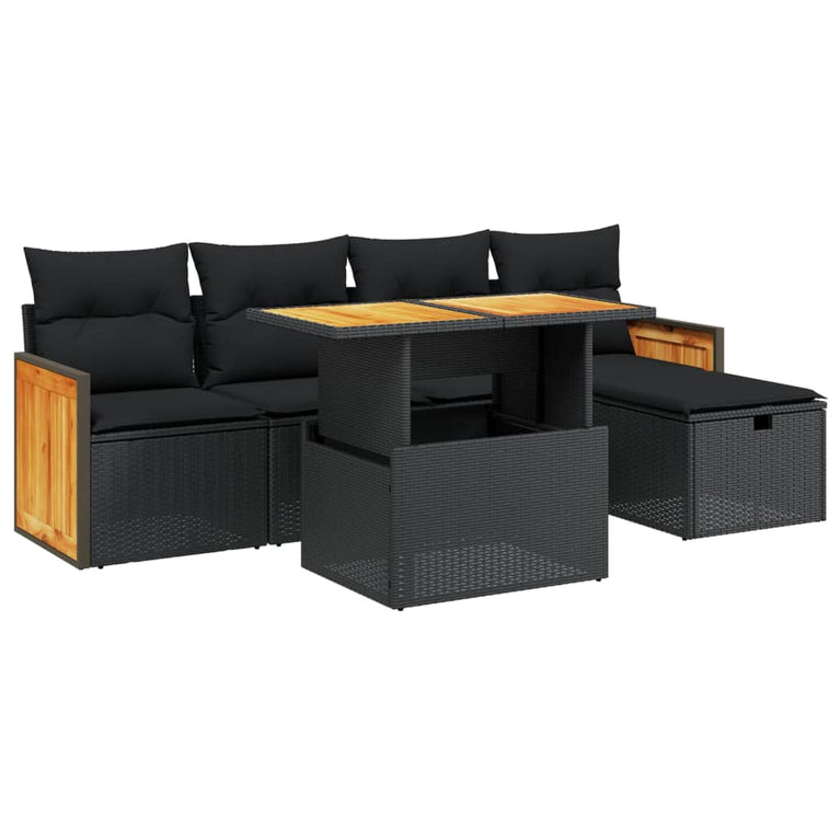 6-delige Loungeset met kussens poly rattan zwart