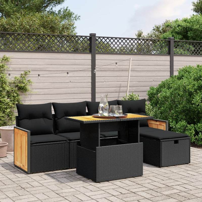 6-delige Loungeset met kussens poly rattan zwart