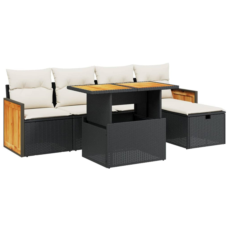 6-delige Loungeset met kussens poly rattan zwart