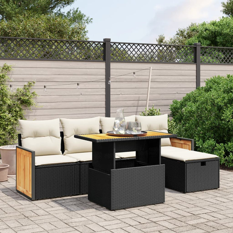 6-delige Loungeset met kussens poly rattan zwart