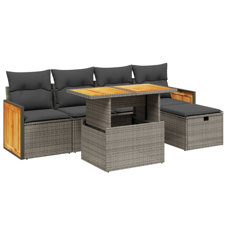 6-delige Loungeset met kussens poly rattan grijs