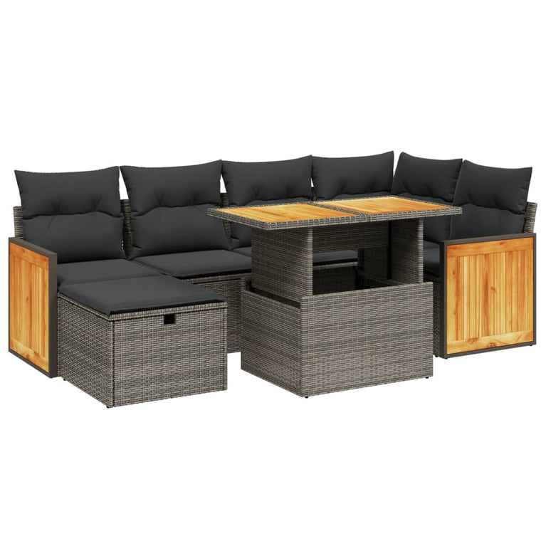 7-delige Loungeset met kussens poly rattan grijs