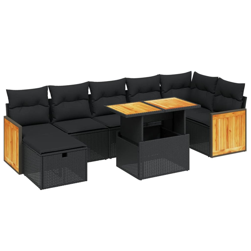 8-delige Loungeset met kussens poly rattan zwart